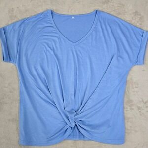 Womens Blue V Neck Twisted Knot Casual T Shirt Top Size M